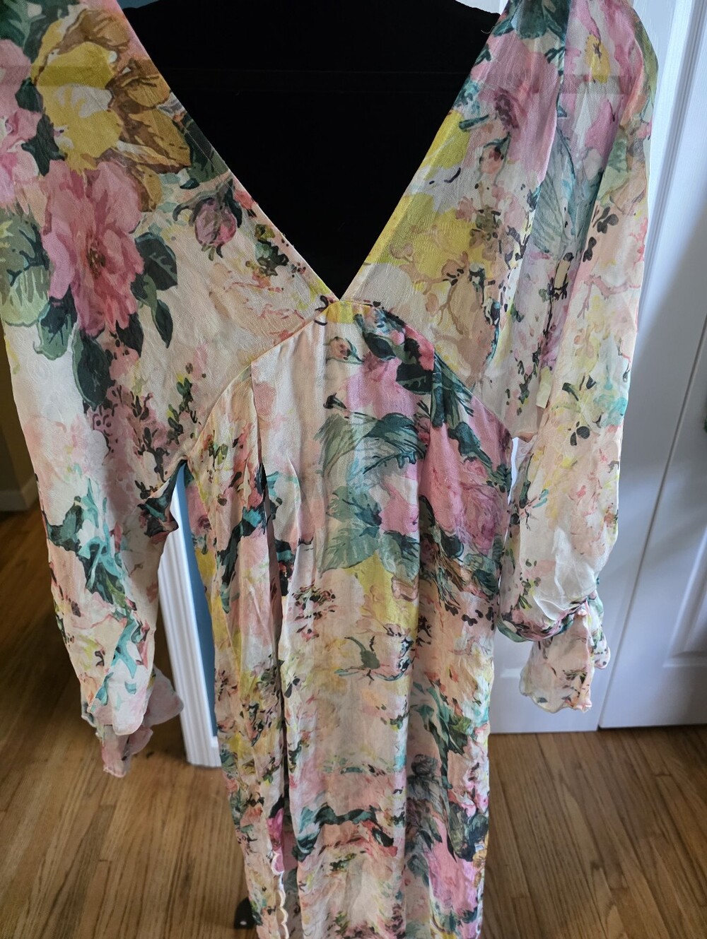 HEMANT & NANDITA Pastel Floral Sheer Maxi Dress in Pink, Blue, Yellow XS NWT - Picture 8 of 12